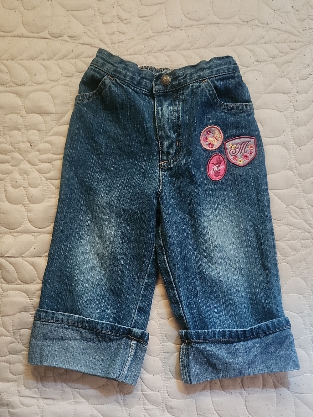 Vintage Disney Minnie Mouse Cuffed Capri Jeans With Minnie Embroidered Patches